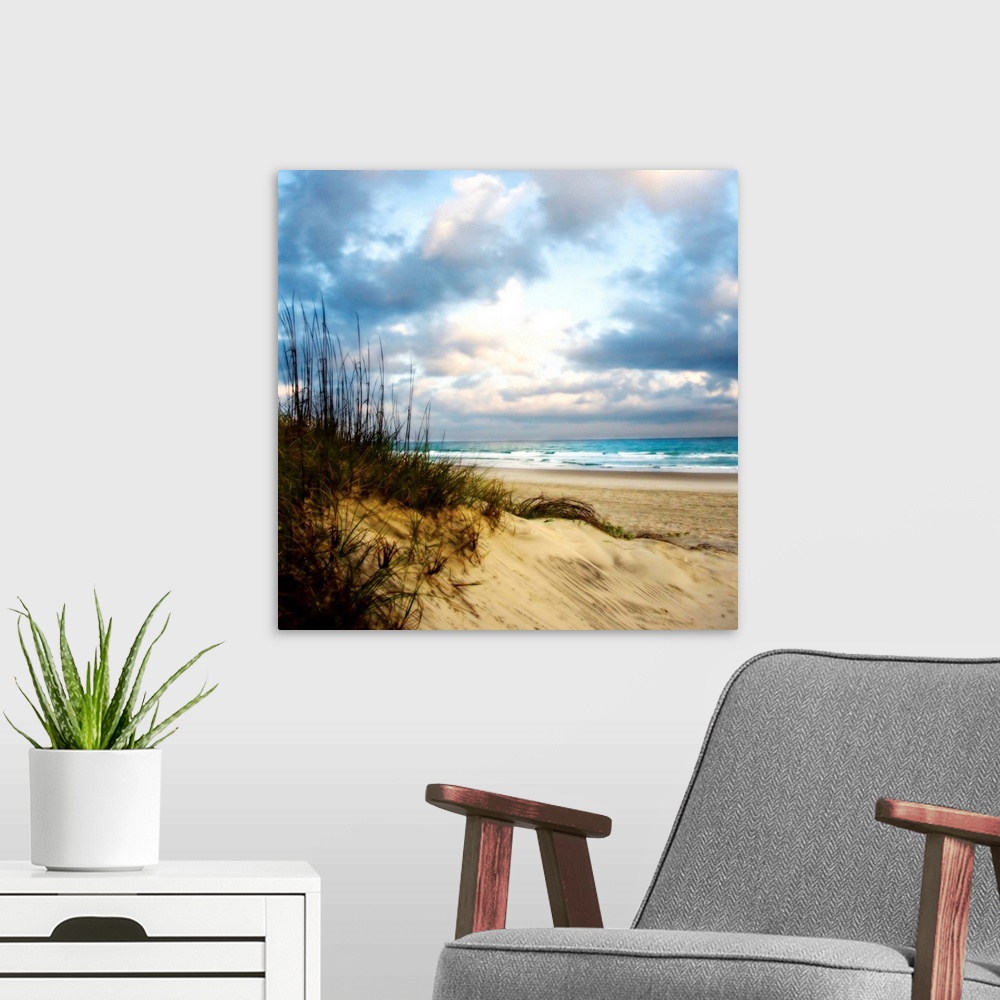 A modern room featuring Soft focus fine art photo of sand dune covered in reeds on the beach as blue water crashes on the...