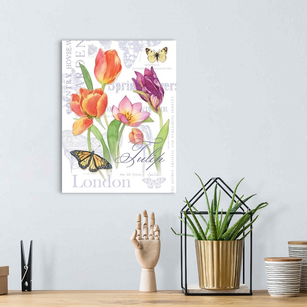 A bohemian room featuring Watercolor painted purple and pink tulips with two butterflies on top of a white background with ...