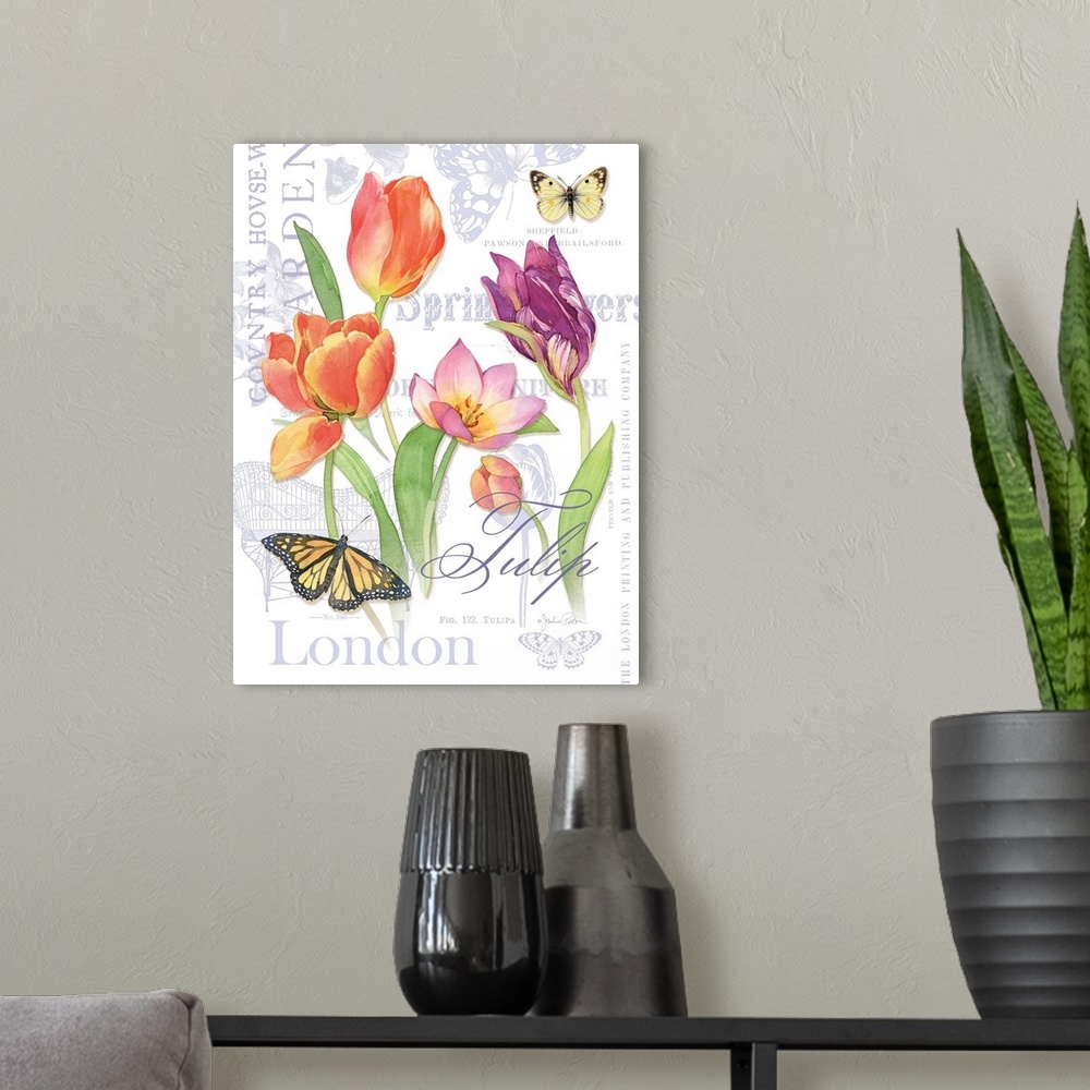 A modern room featuring Watercolor painted purple and pink tulips with two butterflies on top of a white background with ...