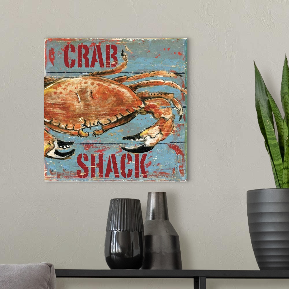 A modern room featuring Rustic, weathered graphic depicting a crab, perfect for a seafood restaurant.