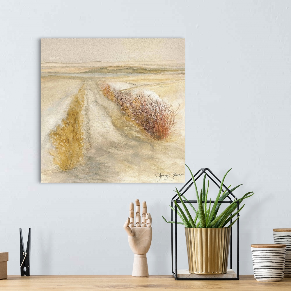 A bohemian room featuring Contemporary watercolor painting of two rows of dune grass in the sand.