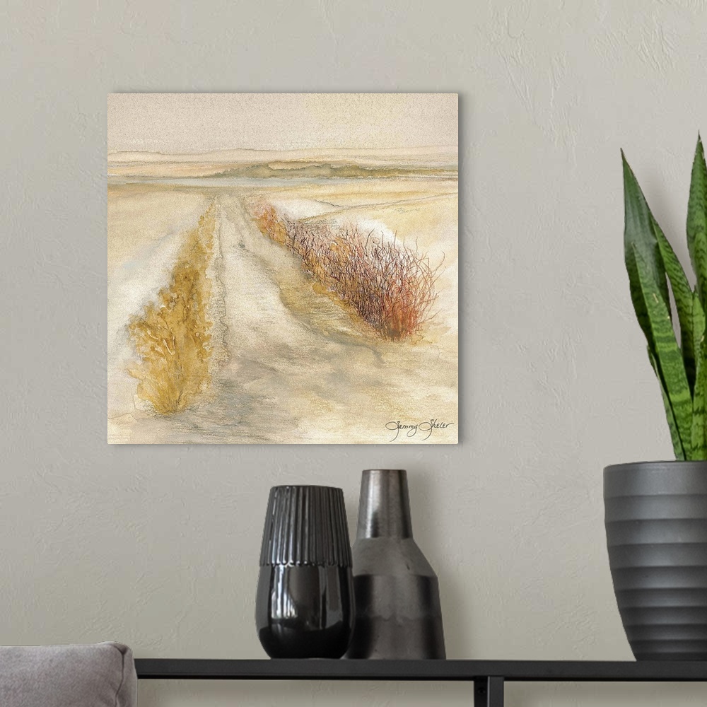 A modern room featuring Contemporary watercolor painting of two rows of dune grass in the sand.