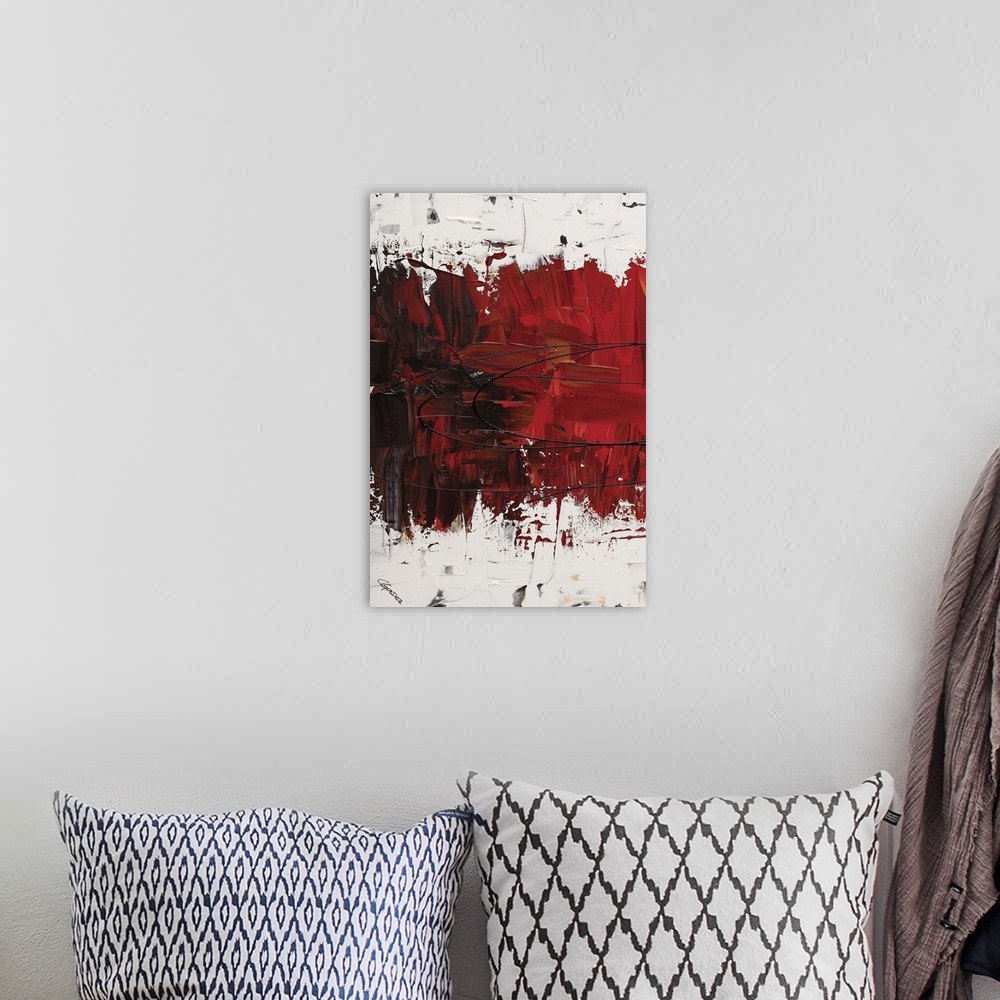 A bohemian room featuring Abstract painting with thick layering and textures in a red gradient and white on the top and bot...