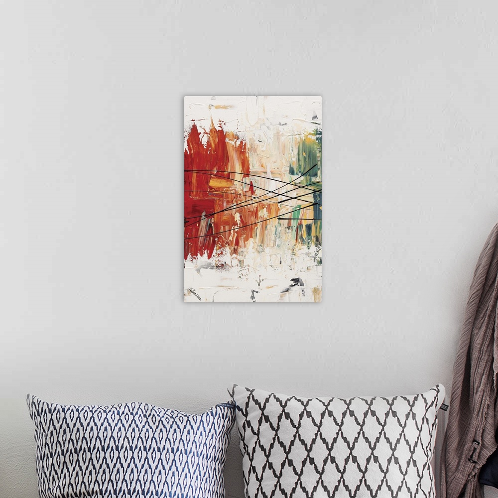 A bohemian room featuring Abstract painting with thick layering and textures and red, orange, yellow, blue, and green brush...