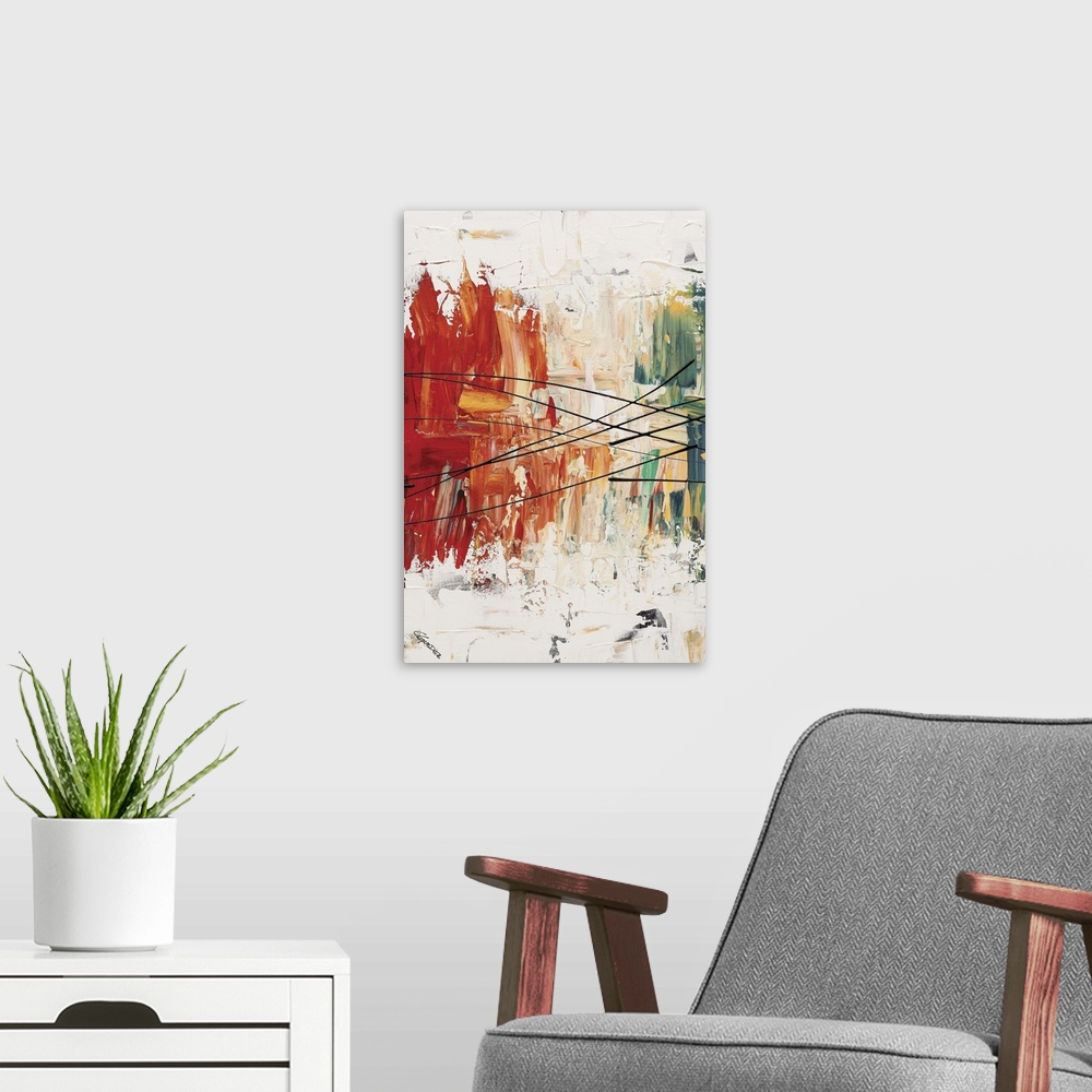 A modern room featuring Abstract painting with thick layering and textures and red, orange, yellow, blue, and green brush...