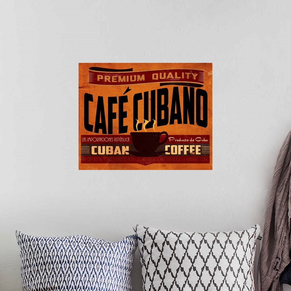 A bohemian room featuring Retro artwork advertising coffee from Cuba.