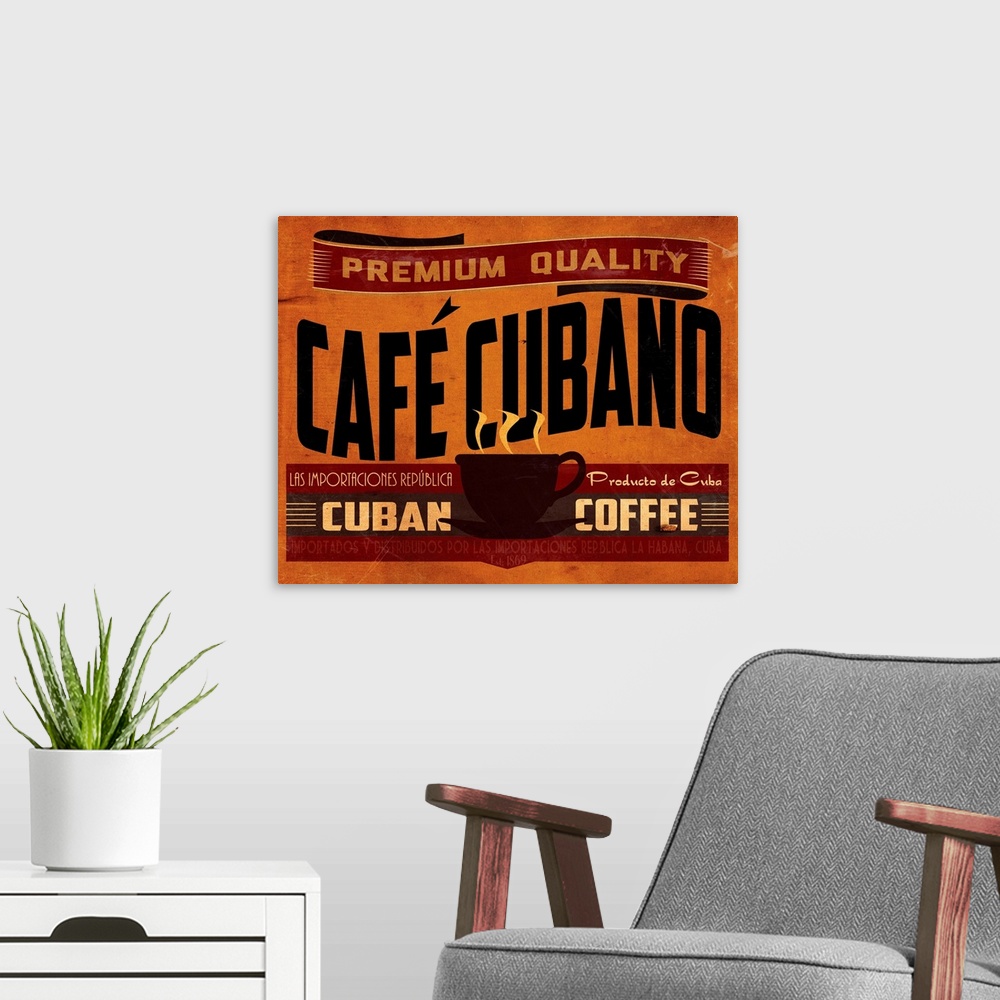 A modern room featuring Retro artwork advertising coffee from Cuba.