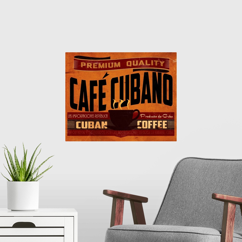 A modern room featuring Retro artwork advertising coffee from Cuba.