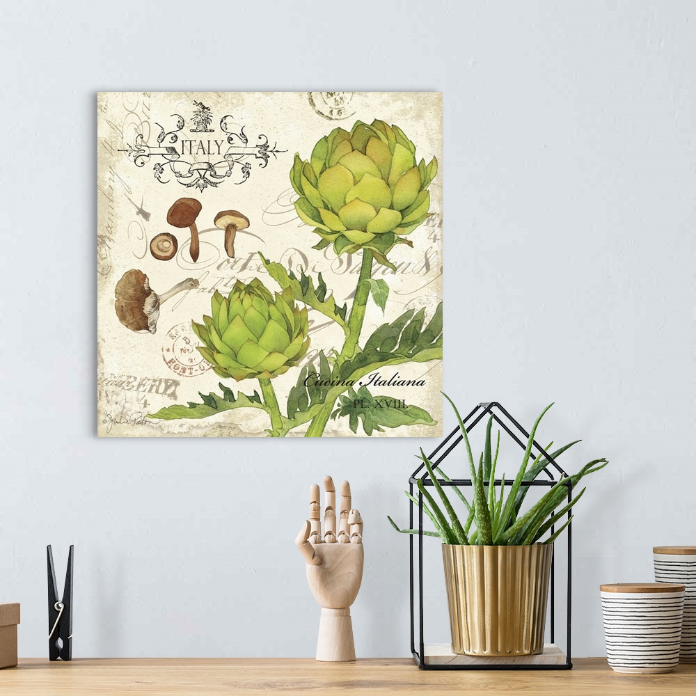A bohemian room featuring Italian kitchen decor with illustrations of artichokes and mushrooms on a vintage background with...