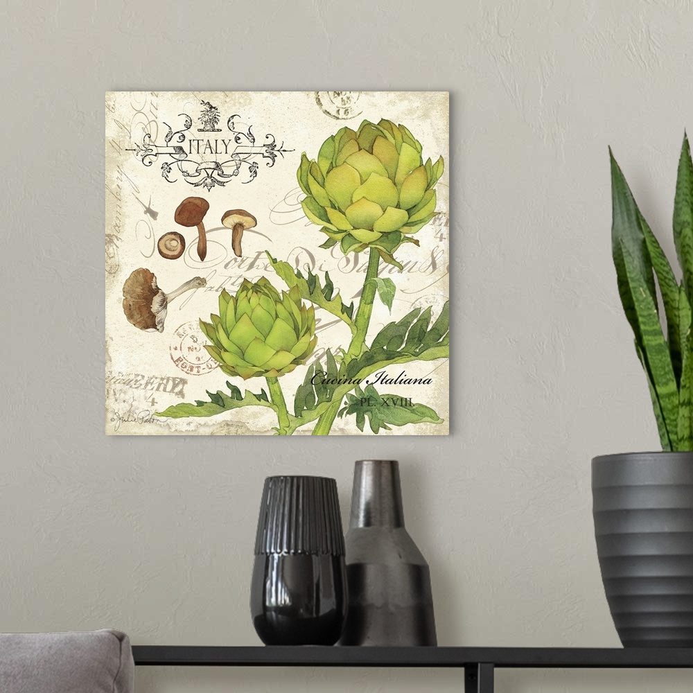 A modern room featuring Italian kitchen decor with illustrations of artichokes and mushrooms on a vintage background with...