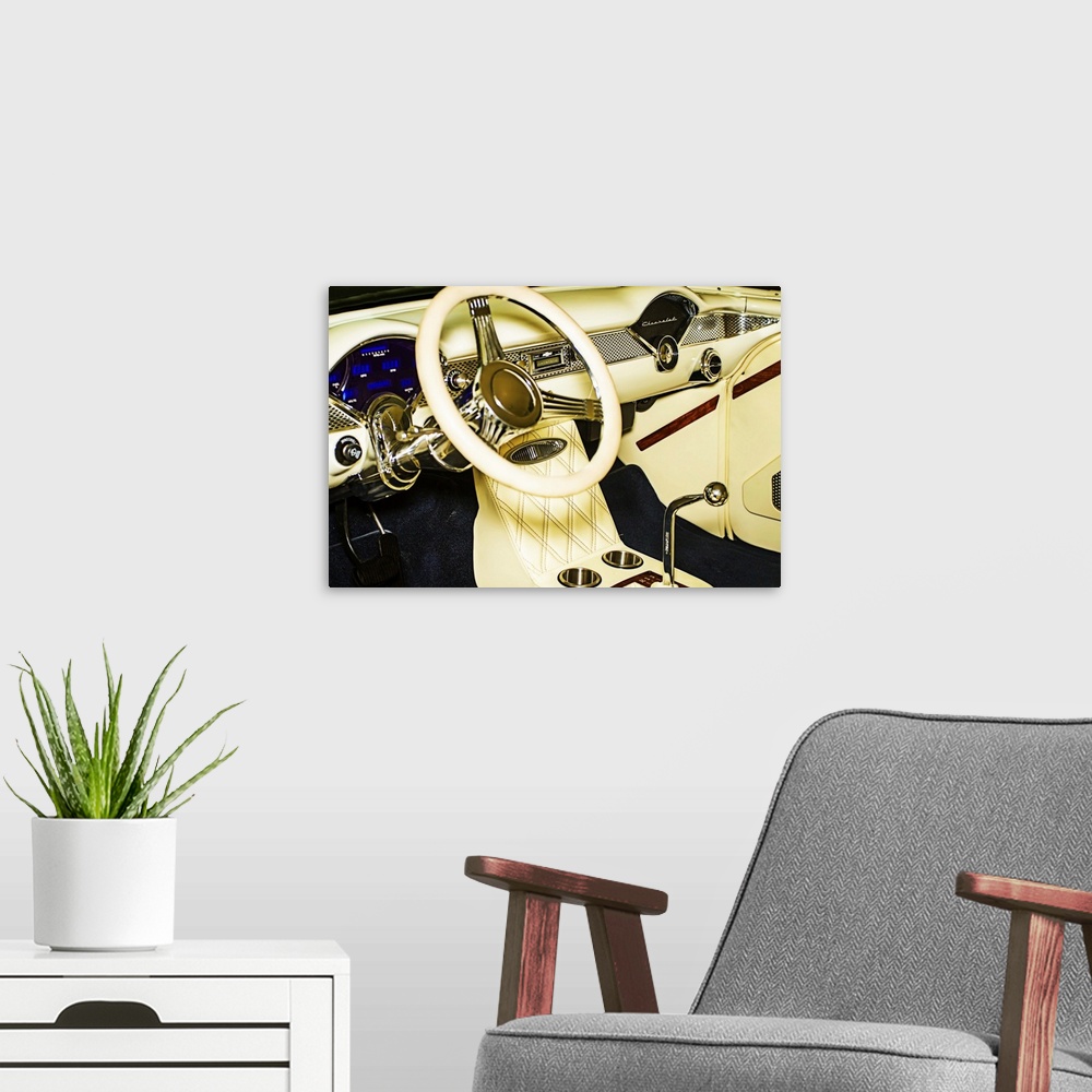 A modern room featuring Fine art photograph of the white leather dashboard and console of a vintage car.