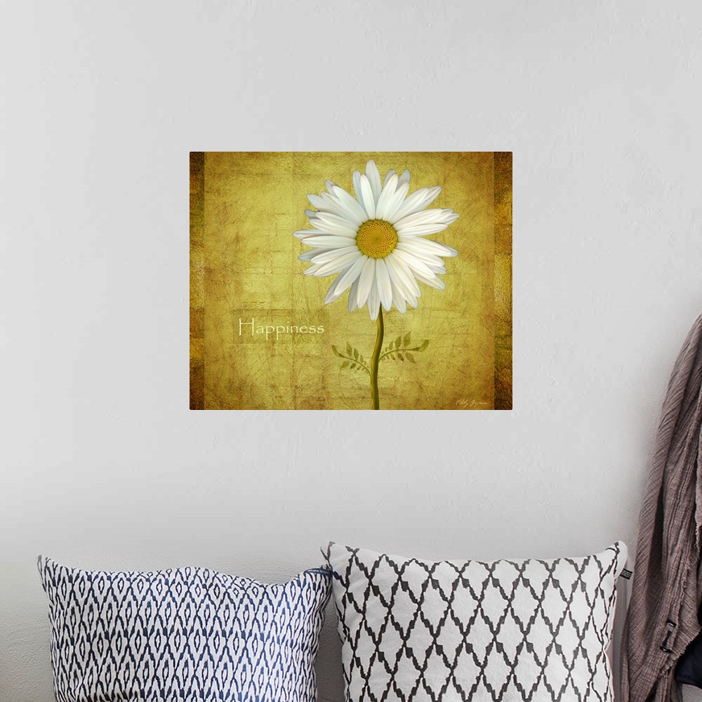 A bohemian room featuring Canvas print of a flower on top of a grungy background.