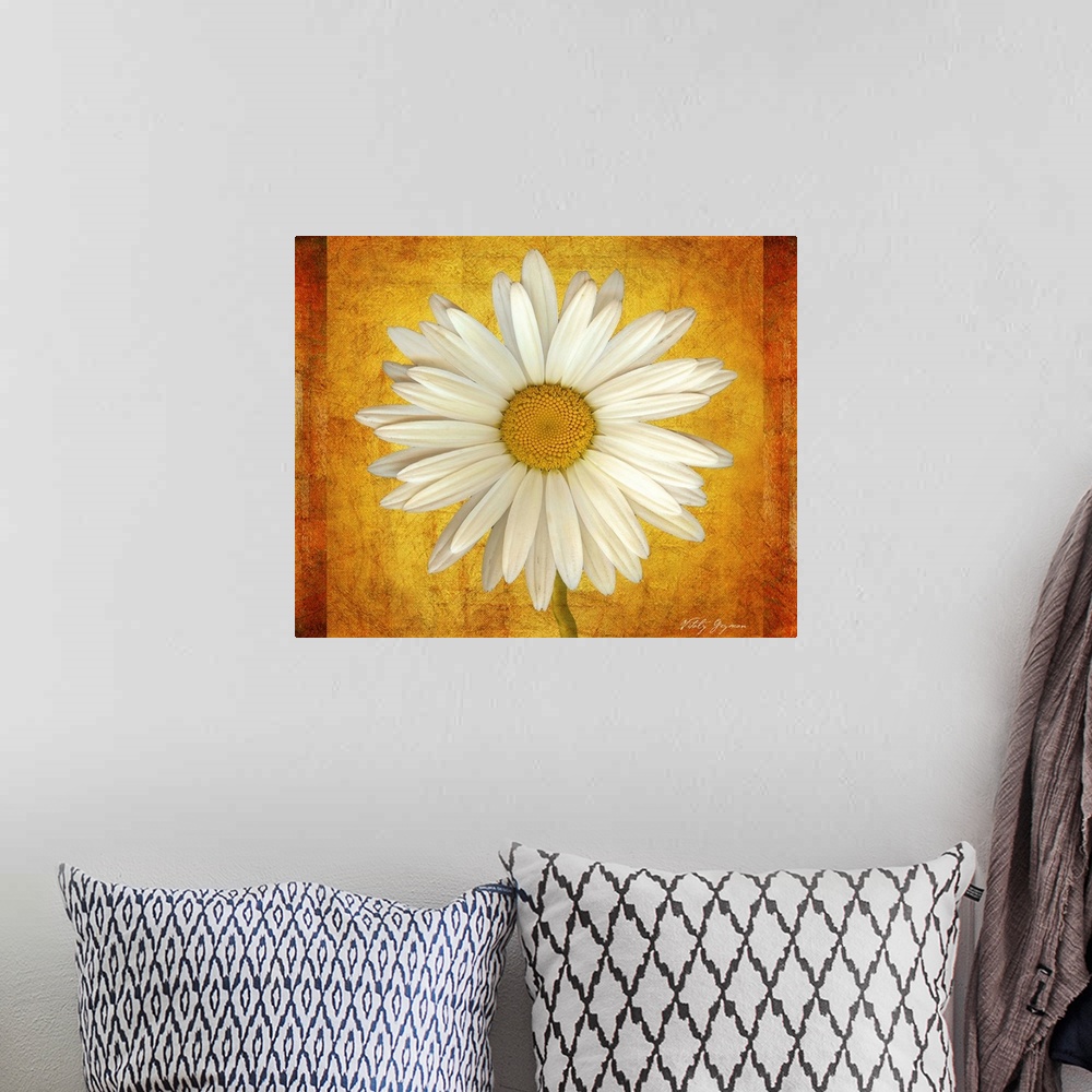 A bohemian room featuring A close up photograph of a blossom collaged on to a textured background.