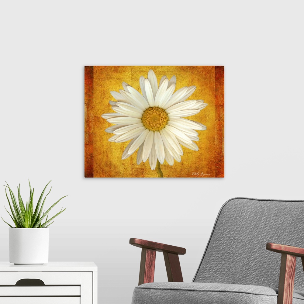 A modern room featuring A close up photograph of a blossom collaged on to a textured background.