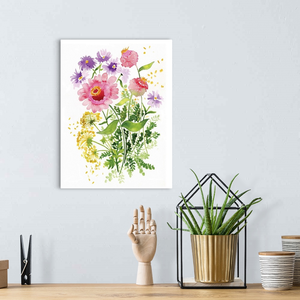 A bohemian room featuring Watercolor painting of pink and purple flowers with green leaves.