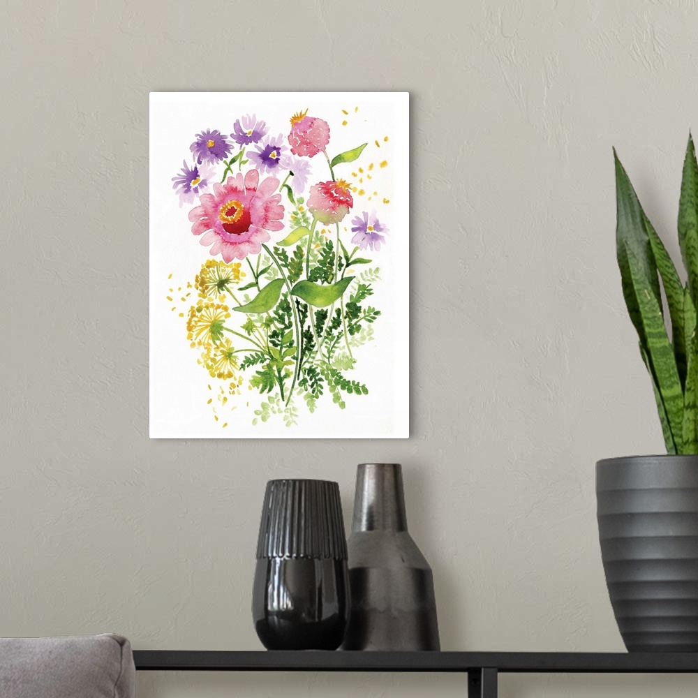 A modern room featuring Watercolor painting of pink and purple flowers with green leaves.