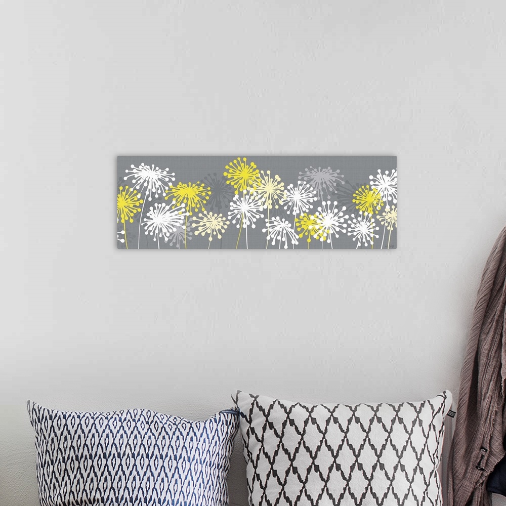 A bohemian room featuring Panoramic abstract illustration of yellow, white, and gray dandelions on a gray background.