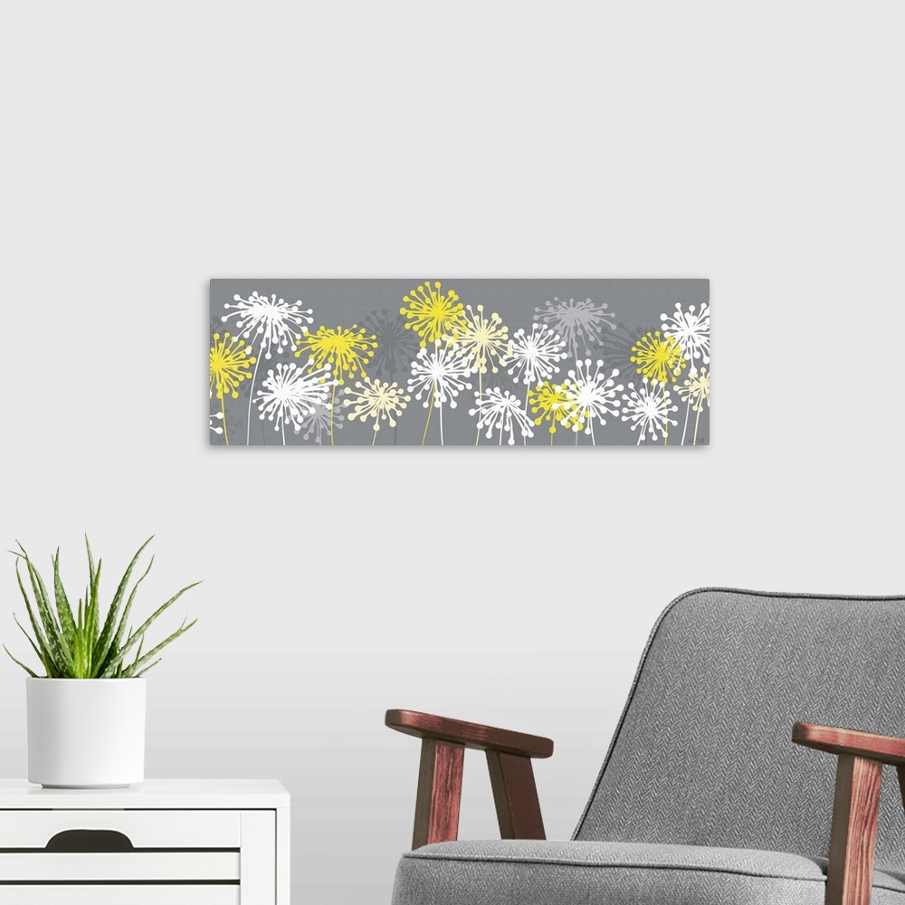 A modern room featuring Panoramic abstract illustration of yellow, white, and gray dandelions on a gray background.