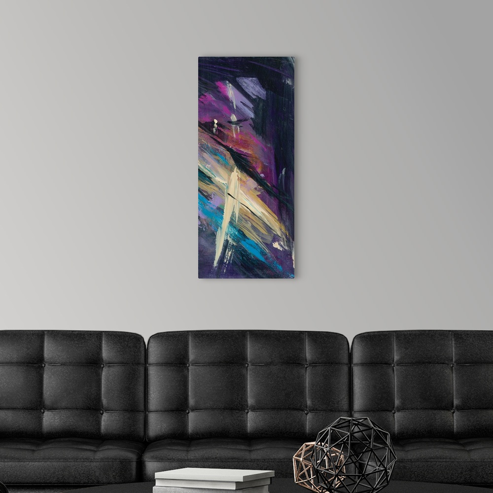 A modern room featuring Panel abstract painting with a dark black background and bright purple, pink, blue, and tan brush...