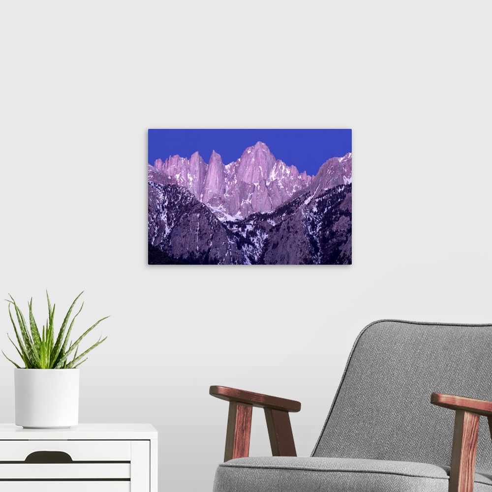 A modern room featuring Purple and blue toned photograph of rocky mountain peaks on Mt. Whitney at sunrise.