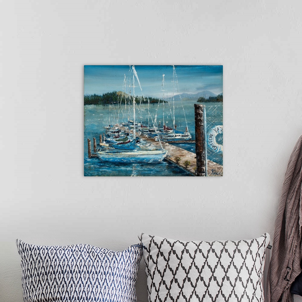 A bohemian room featuring Contemporary painting of sailboats docked at Dayton Yacht Harbor with mountains in the background.