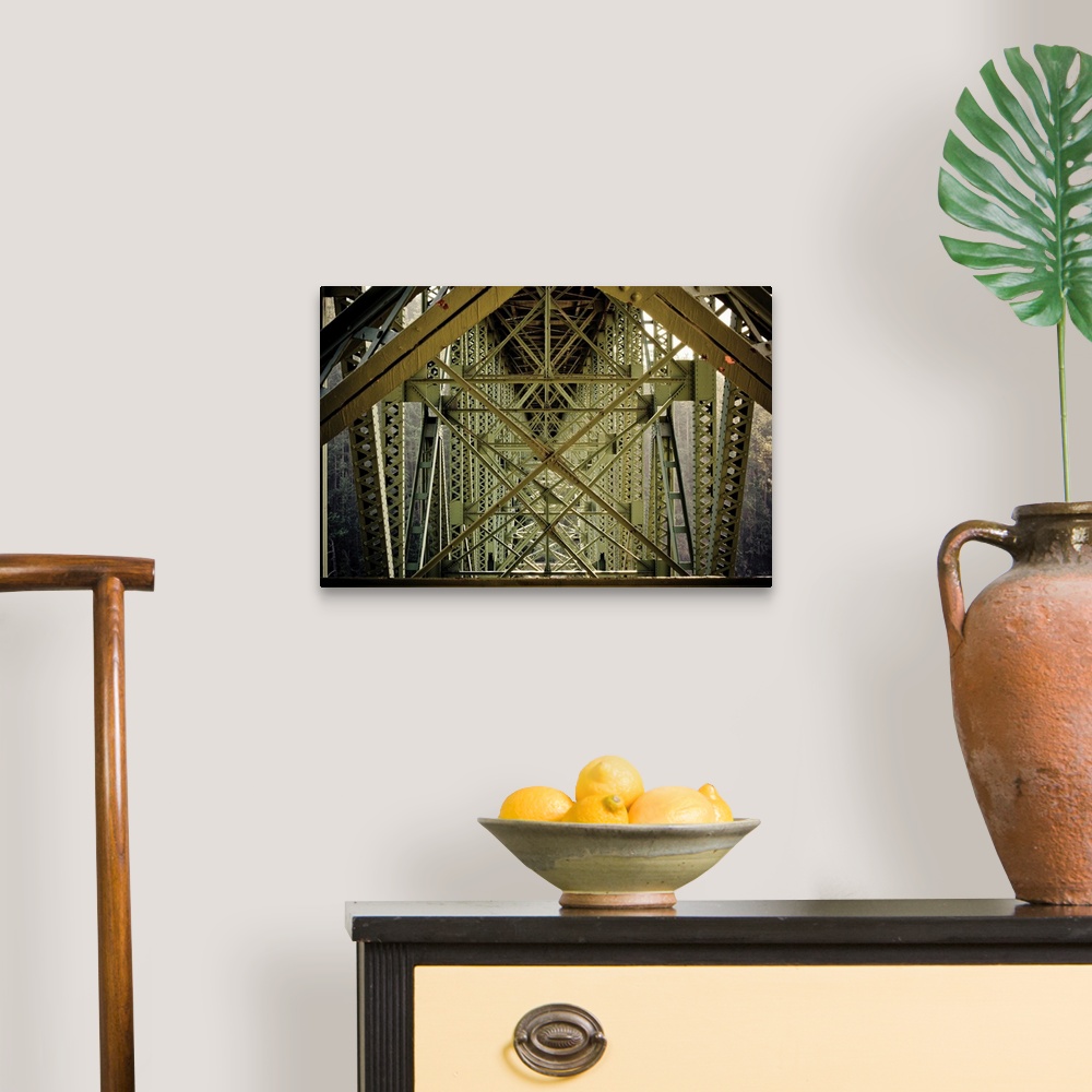A traditional room featuring Up-close photograph of architectural detail of iron bridge.