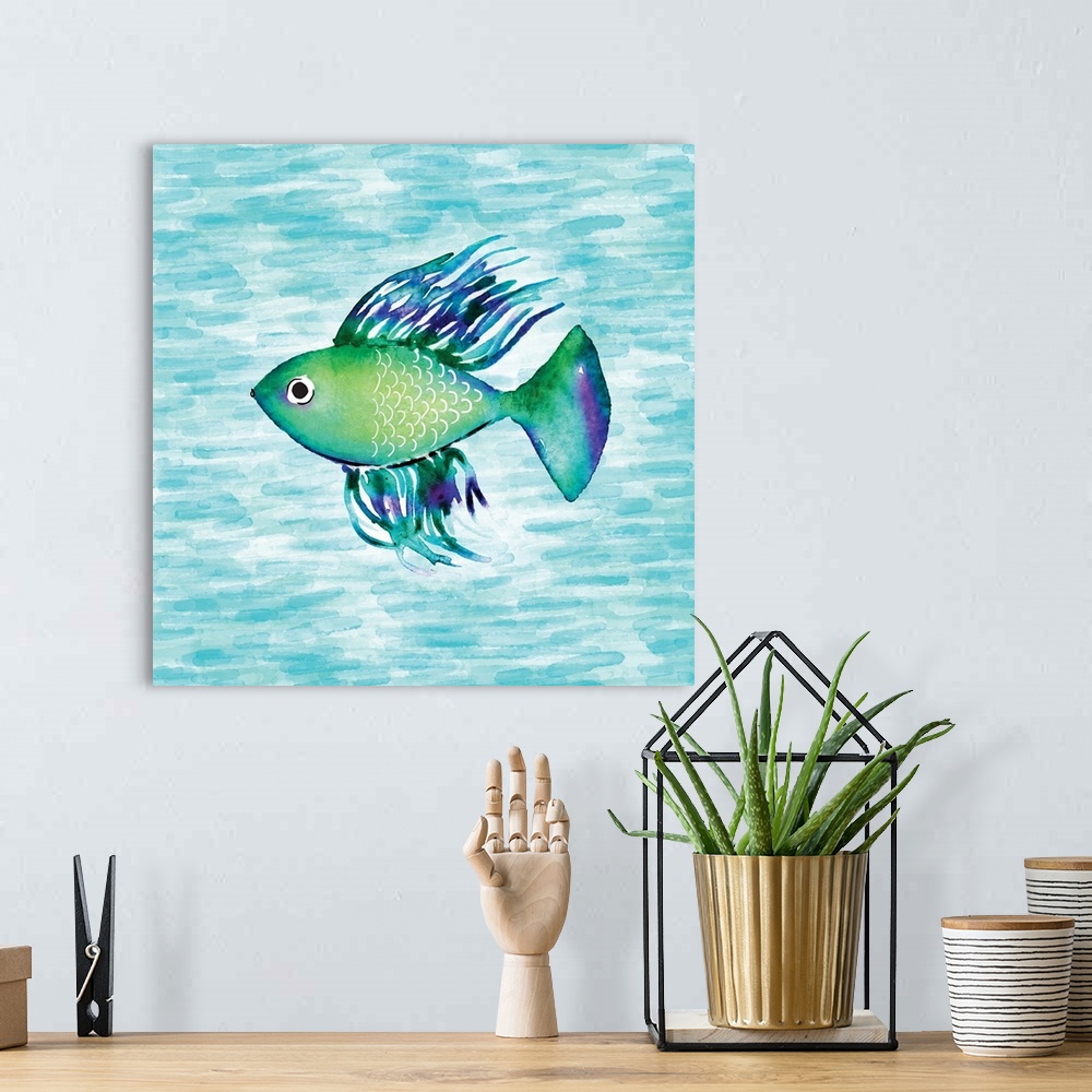 A bohemian room featuring Square illustration of a green, purple, and blue fish swimming in water created with short, horiz...