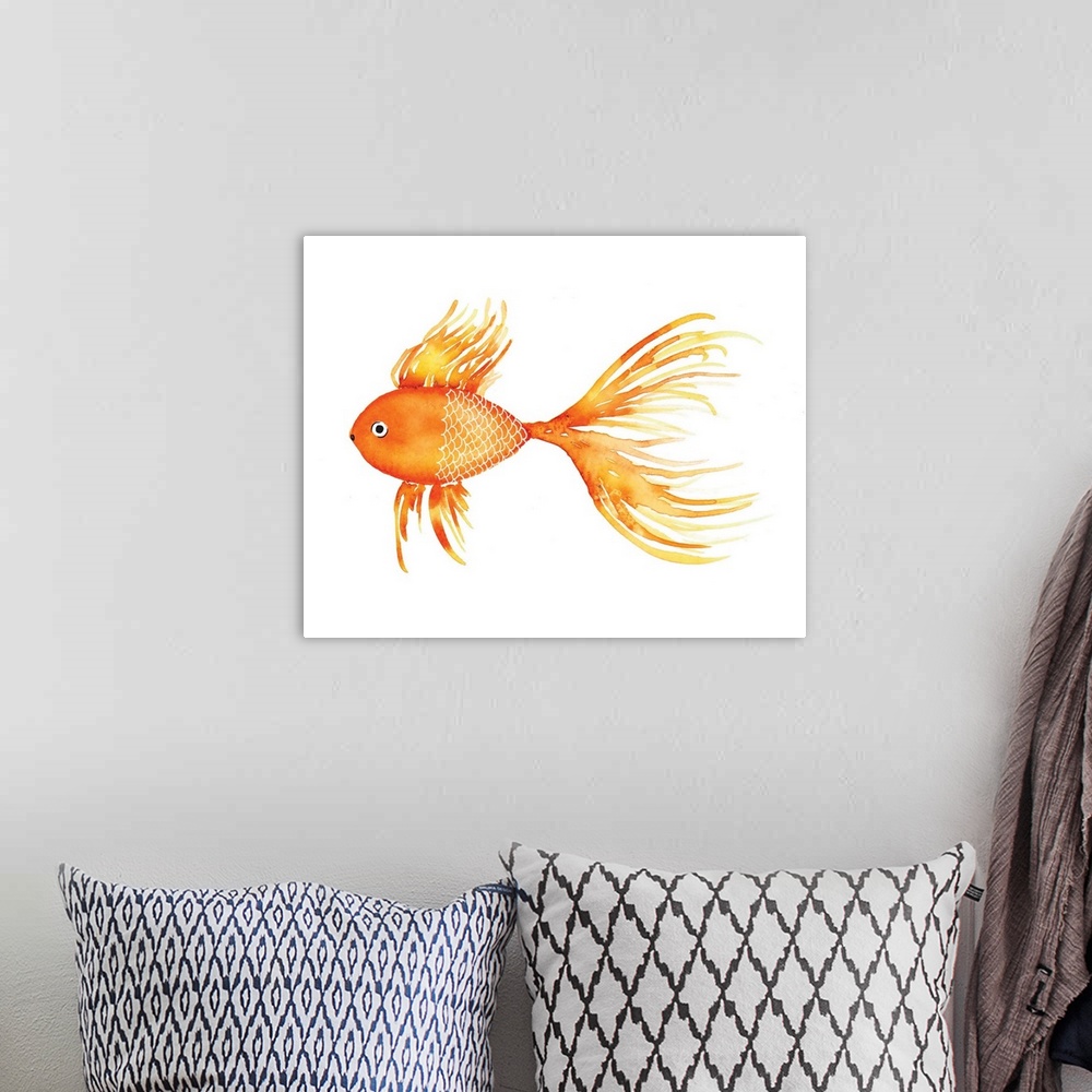 A bohemian room featuring Watercolor painting of a fish in shades of yellow on a solid white background.