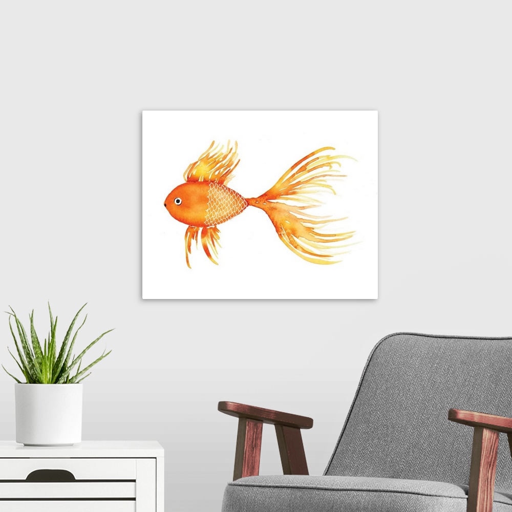 A modern room featuring Watercolor painting of a fish in shades of yellow on a solid white background.