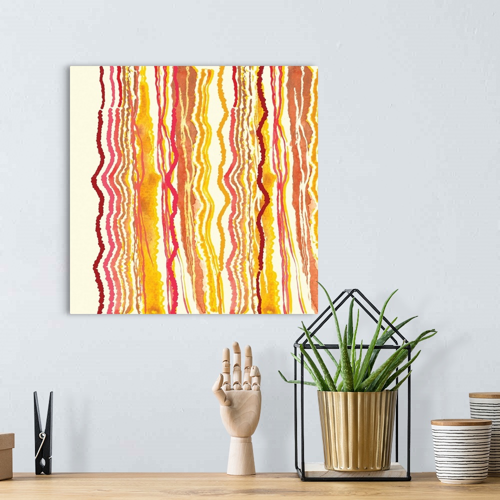 A bohemian room featuring Square abstract painting with squiggly lines running vertically in shades or red, pink, and yello...