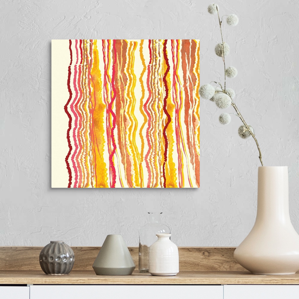 A farmhouse room featuring Square abstract painting with squiggly lines running vertically in shades or red, pink, and yello...