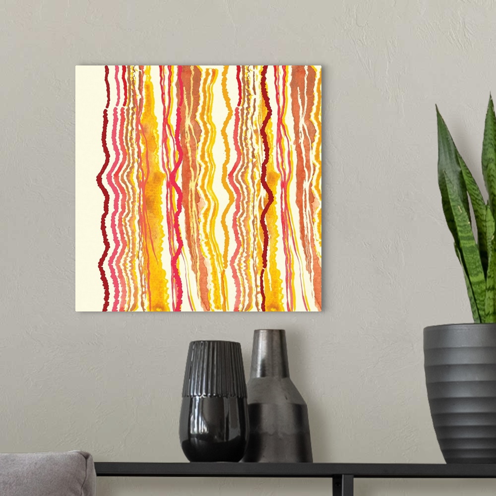 A modern room featuring Square abstract painting with squiggly lines running vertically in shades or red, pink, and yello...