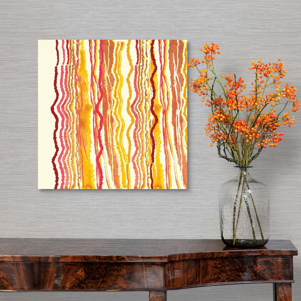 A traditional room featuring Square abstract painting with squiggly lines running vertically in shades or red, pink, and yello...
