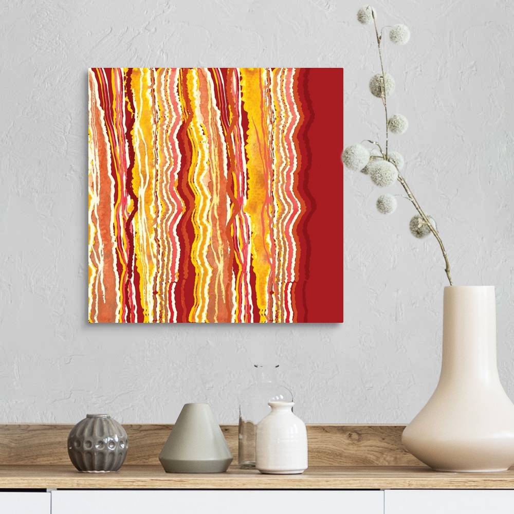 A farmhouse room featuring Square abstract painting with squiggly lines running vertically in shades or red, pink, and yellow.