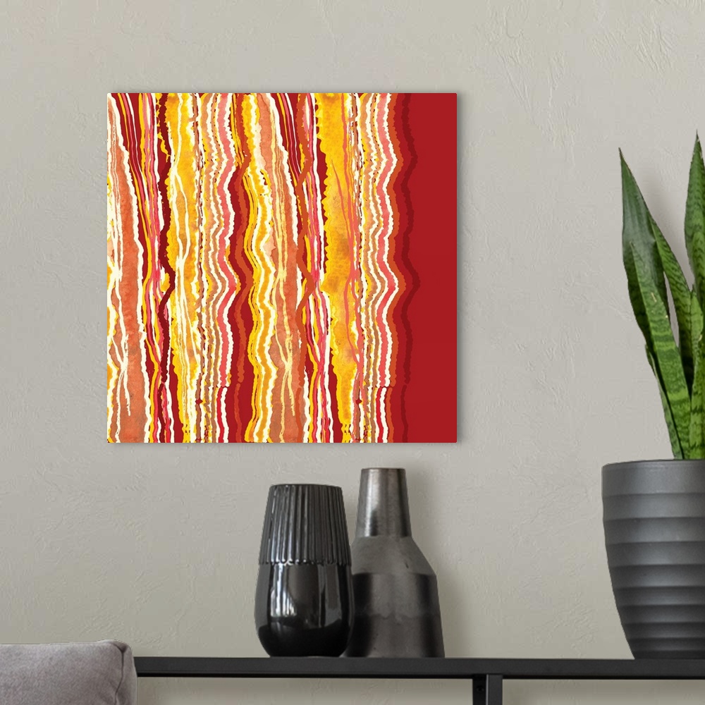 A modern room featuring Square abstract painting with squiggly lines running vertically in shades or red, pink, and yellow.