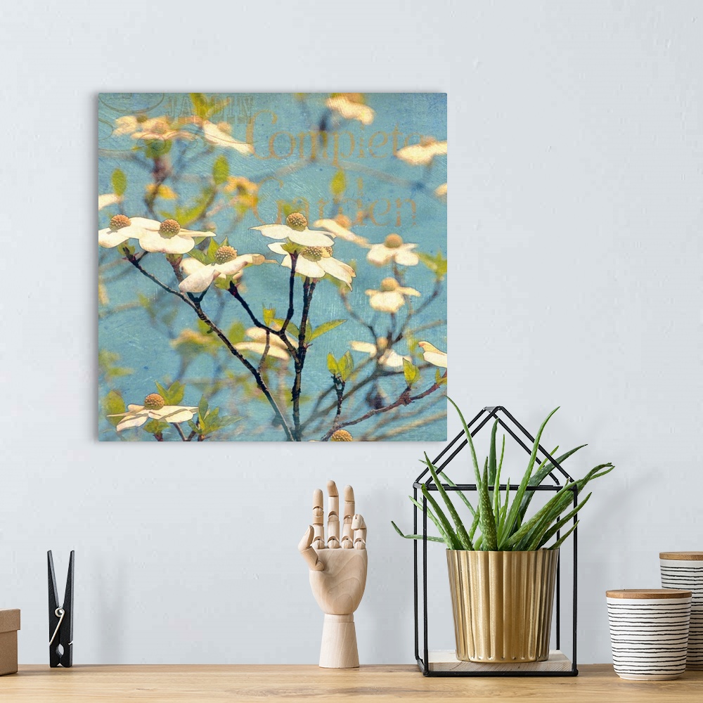 A bohemian room featuring This square decorative accent is a photograph of spring flower blossoms and tree branches collage...