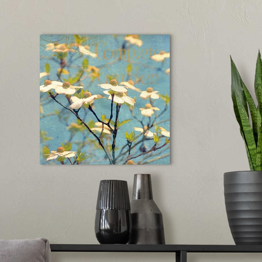 A modern room featuring This square decorative accent is a photograph of spring flower blossoms and tree branches collage...