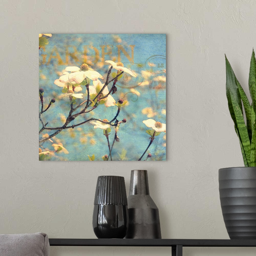 A modern room featuring A square wall art for the home or office this photograph is collaged with text and painted textur...
