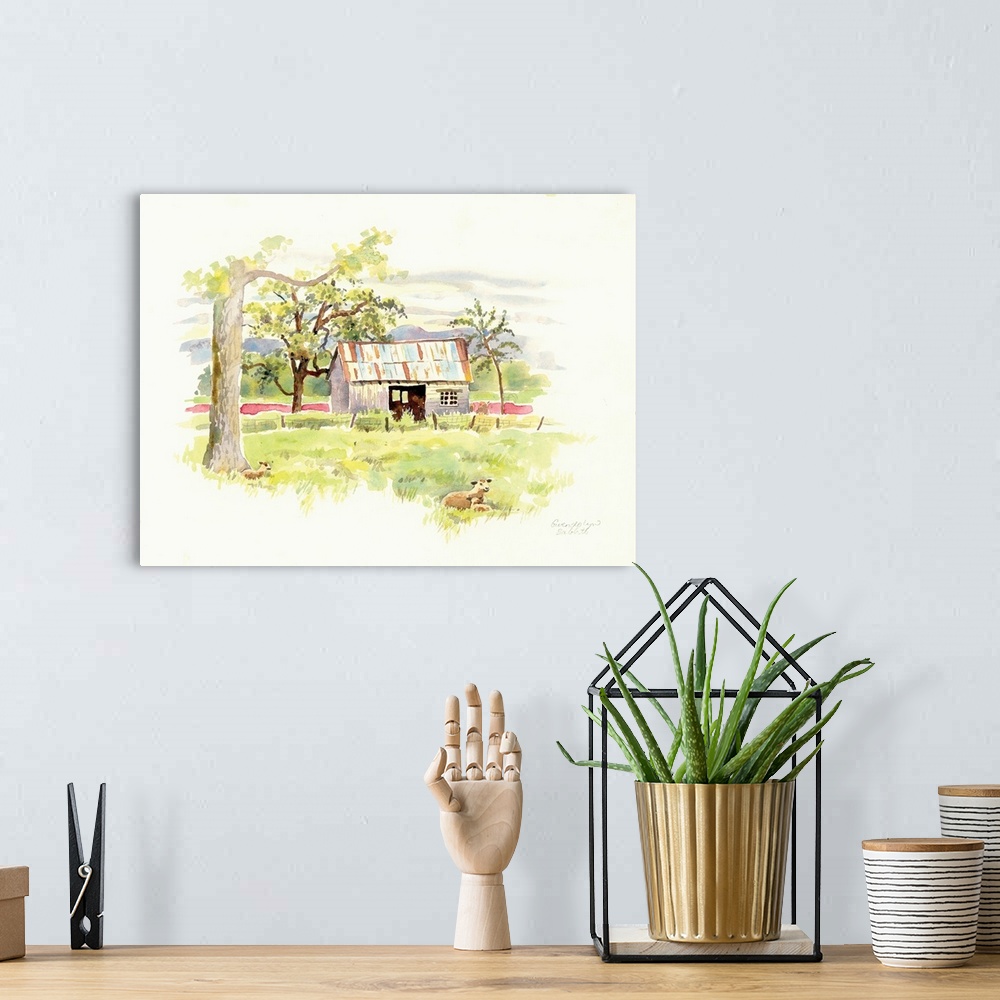 A bohemian room featuring Watercolor painting of a rusted barn with sheep in the pasture in the foreground.