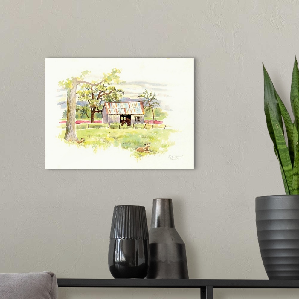 A modern room featuring Watercolor painting of a rusted barn with sheep in the pasture in the foreground.