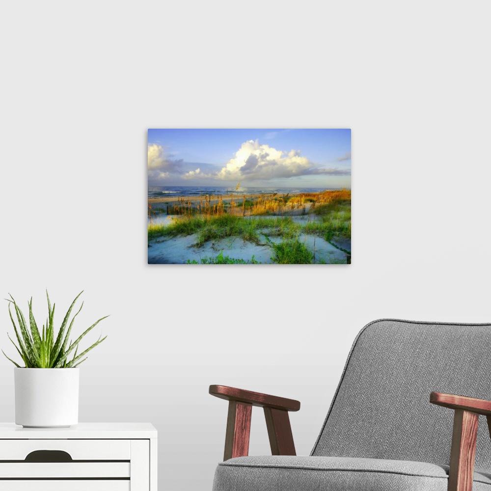 A modern room featuring Horizontal, oversized photograph of grassy dunes in front of the shoreline, beneath a blue sky wi...