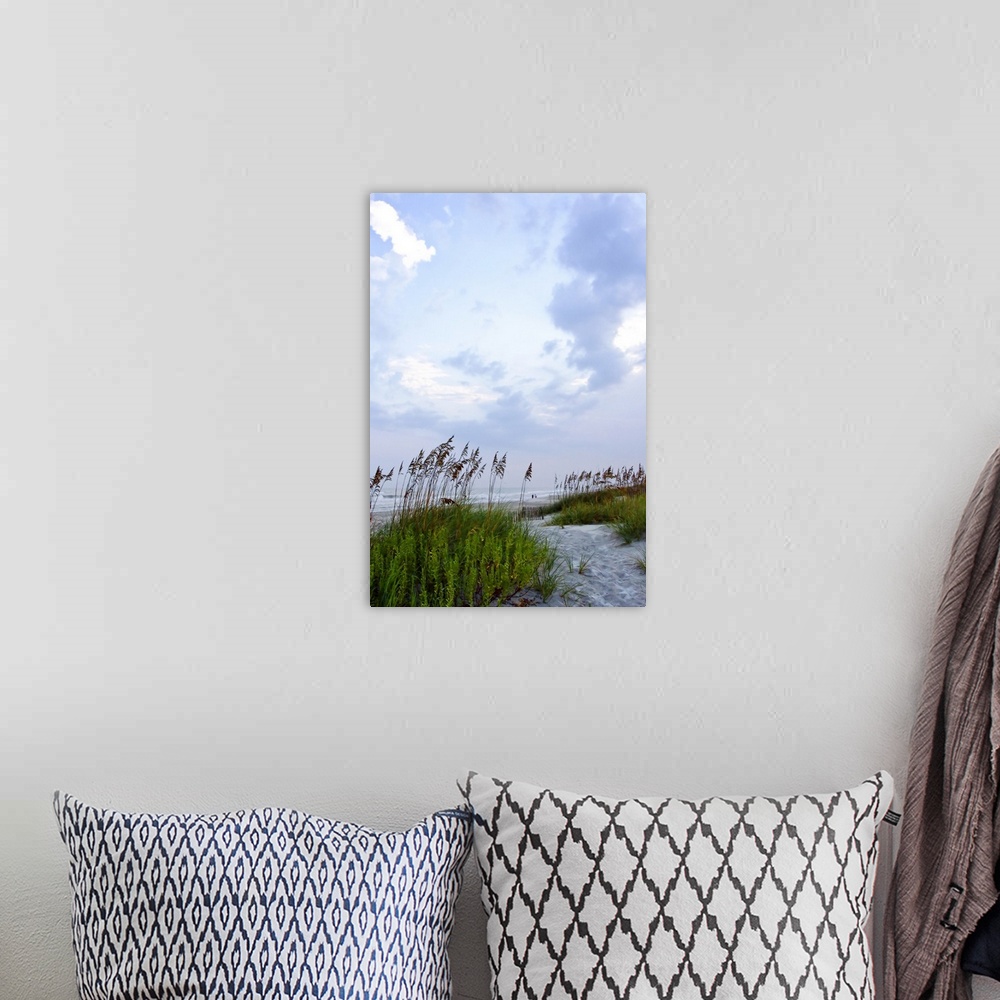 A bohemian room featuring Vertical photo print of sea grass on dunes with waves crashing onto a beach in the distance.
