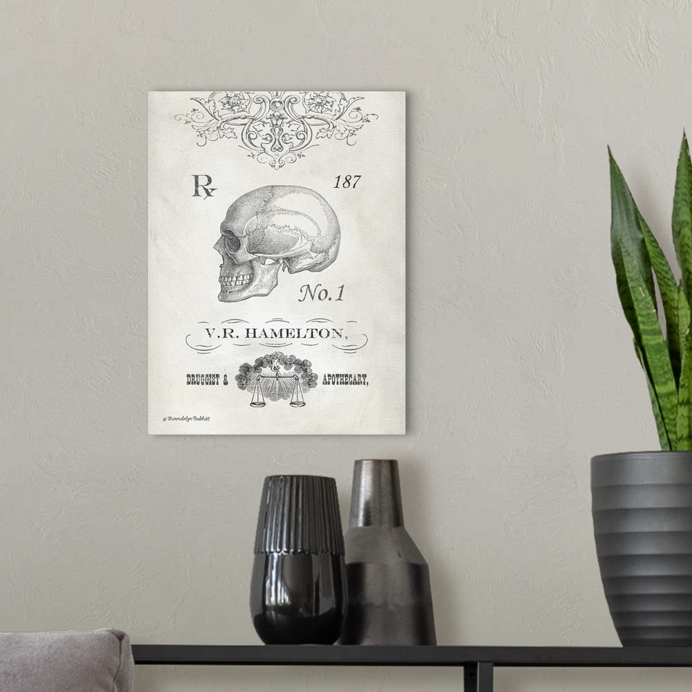 A modern room featuring Vintage druggist and apothecary illustration with a skull in the center.