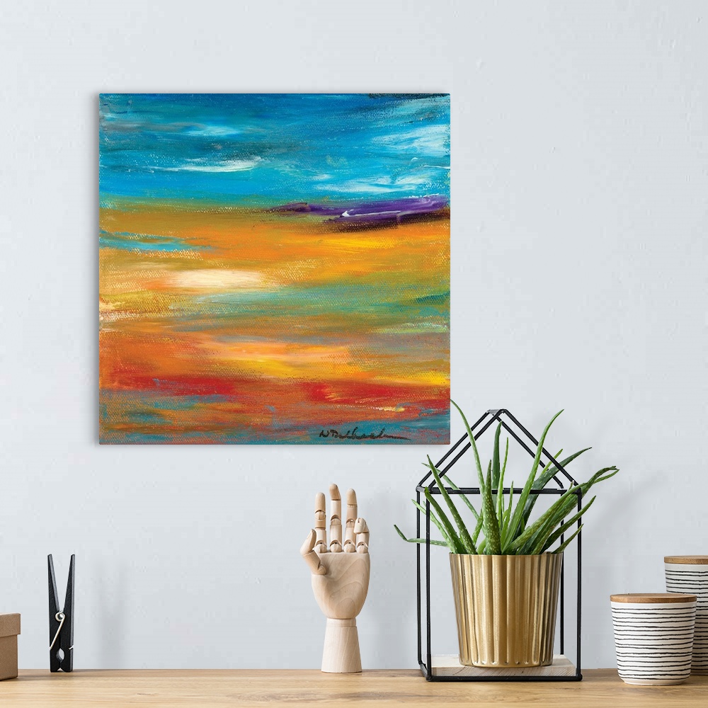 A bohemian room featuring Square abstract painting with layered horizontal brushstrokes in shades of orange, yellow, red, b...
