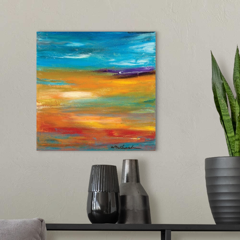 A modern room featuring Square abstract painting with layered horizontal brushstrokes in shades of orange, yellow, red, b...