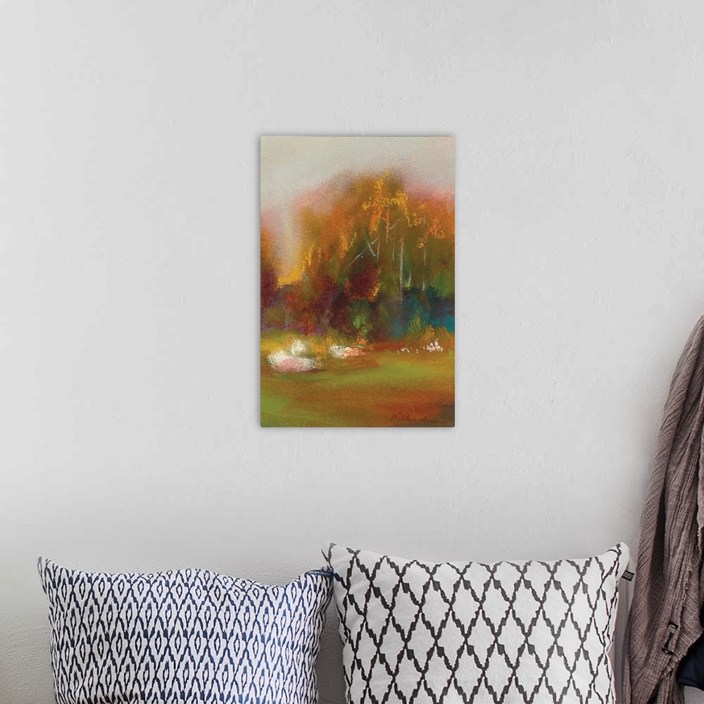 A bohemian room featuring Abstract Autumn landscape painting with green, yellow, orange, purple, and blue hues.