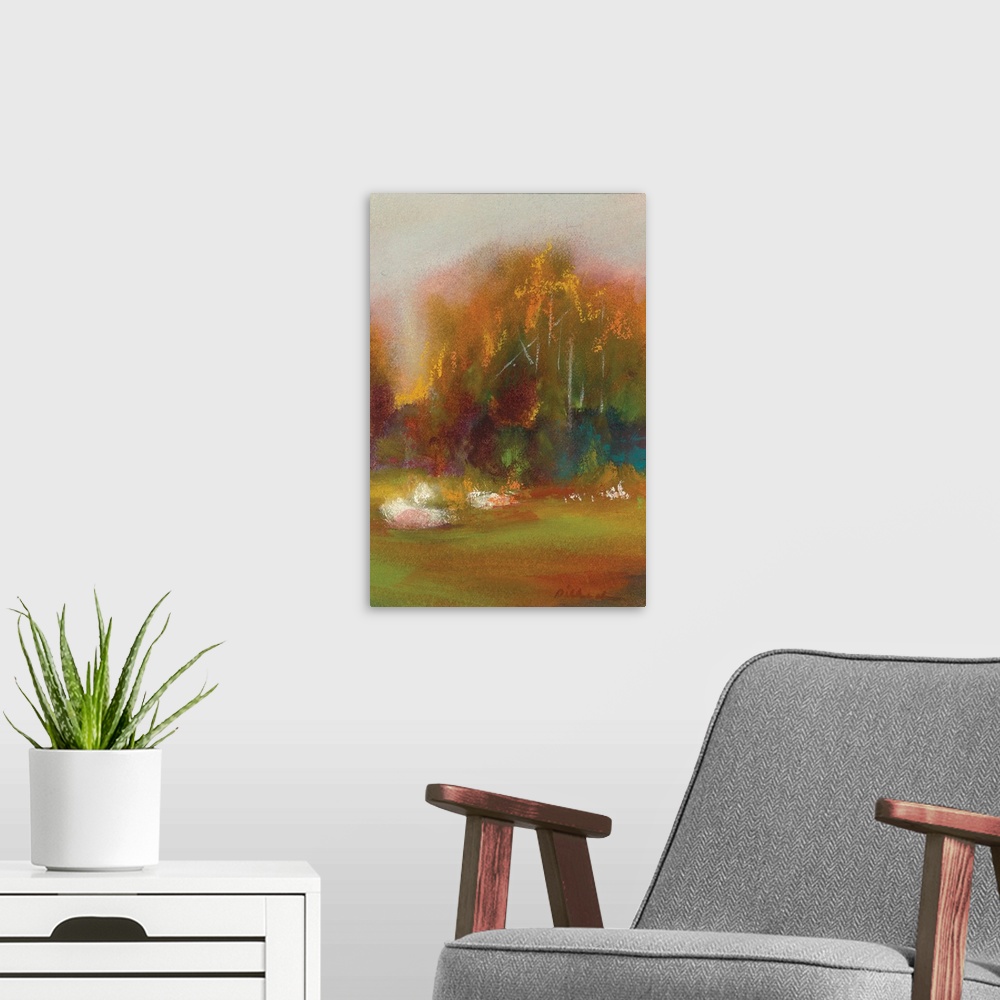 A modern room featuring Abstract Autumn landscape painting with green, yellow, orange, purple, and blue hues.