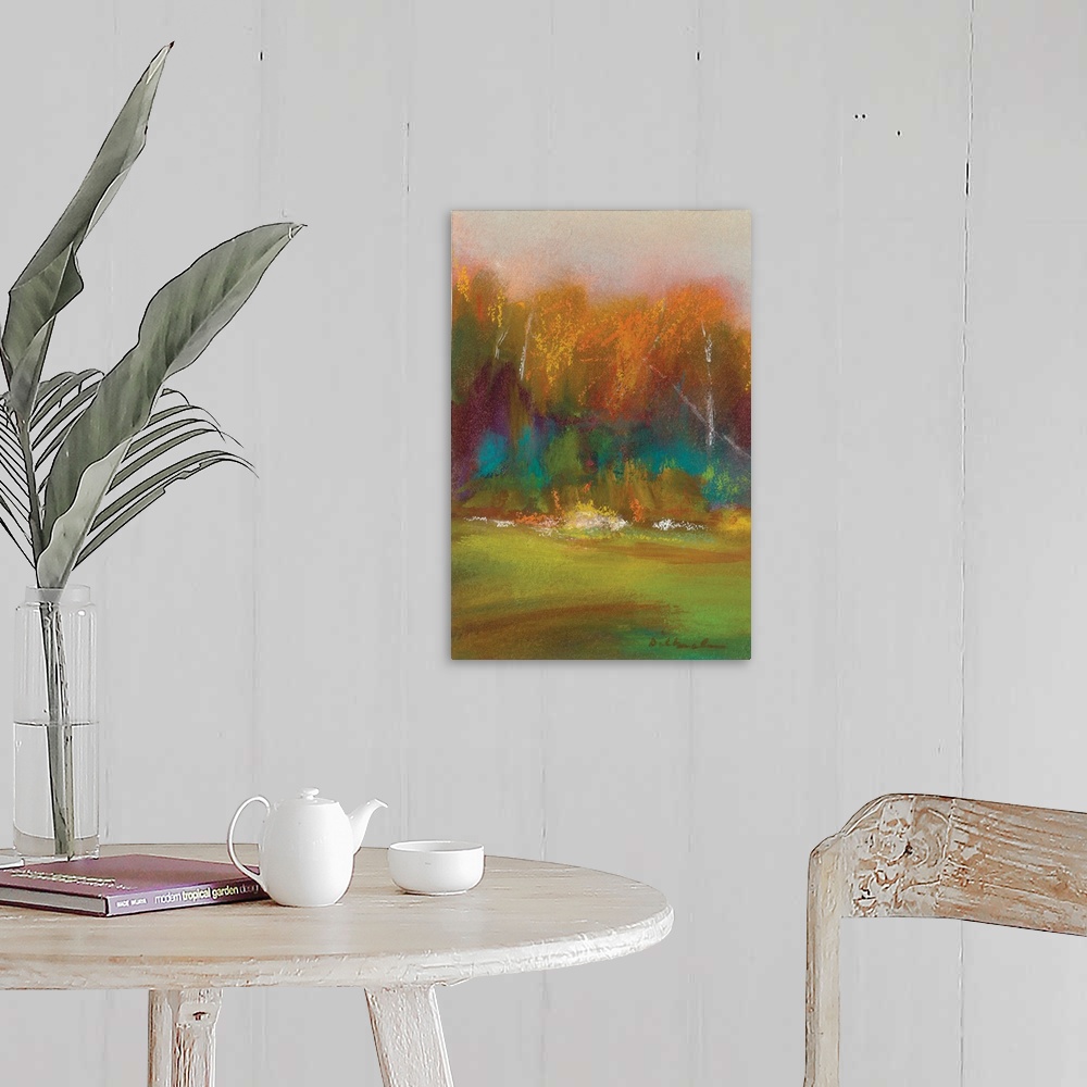 A farmhouse room featuring Abstract Autumn landscape painting with green, yellow, orange, purple, and blue hues.