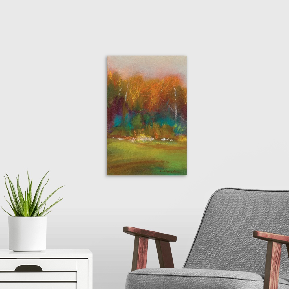 A modern room featuring Abstract Autumn landscape painting with green, yellow, orange, purple, and blue hues.