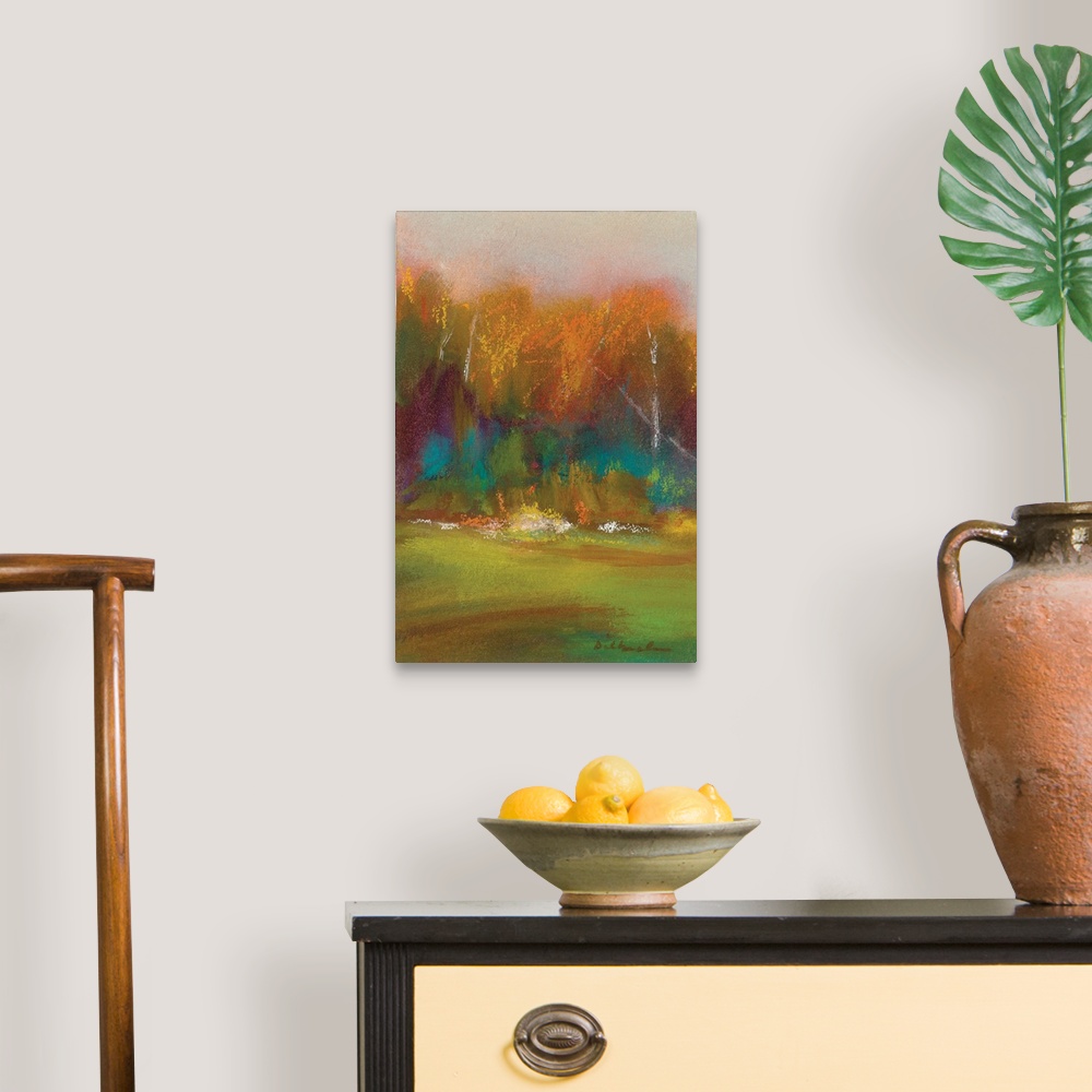 A traditional room featuring Abstract Autumn landscape painting with green, yellow, orange, purple, and blue hues.